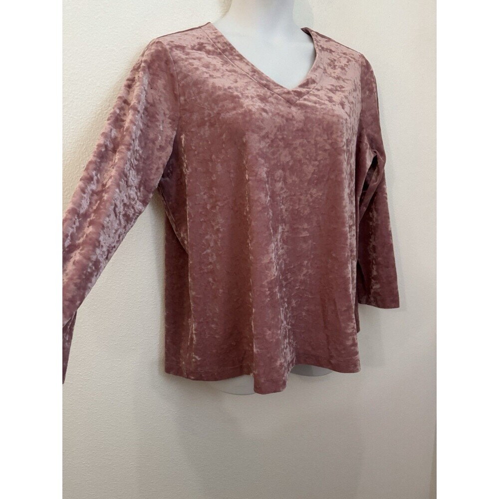 J Jill Top Womens XL Pink Crushed Velvet Velour Stretch Boho Girly V Neck Fairy